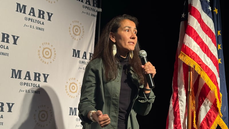 Democrat Senate candidate Mary Peltola speaks at her campaign party as she takes an early lead...